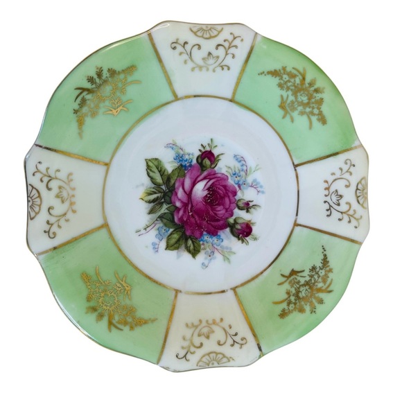 Teacup and Saucer Vintage Old Gold Japan Mint Green and Rose Floral Hand Painted - Picture 5 of 13